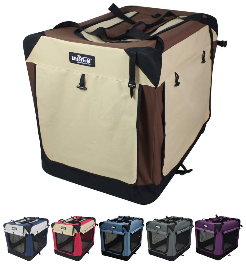EliteField 4-Door Folding Soft Dog Crate with Curtains, Carrying Bag and Fleece Bed (2 Year Warranty), Indoor & Outdoor Pet Home (24" L x 18" W x 21" H, Brown+Beige) - Image 1